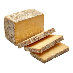 PNG - A close-up shot of a gourmet cheese, with a rectangular block and several meticulously cut slices. Capturing the intricate textures and rich color of the cheese. 