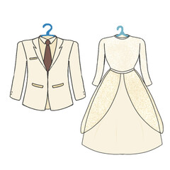 Illustration of groom's suit and bride's dress for wedding invitation decoration
