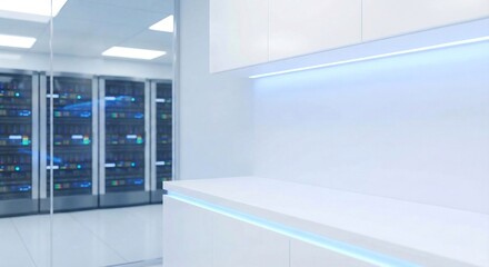 Science Laboratory Interior with Blue LED Accents and Blurred Server Racks