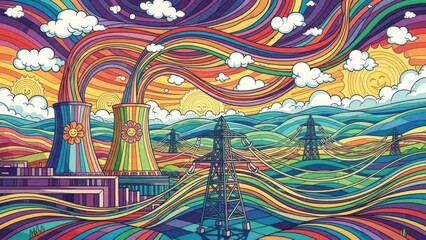 Colorful, psychedelic artwork of a power plant releasing rainbows into a happy, sunny sky