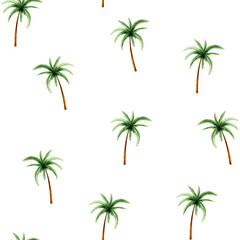 Green palm tree seamless pattern. Coconut tree clipart. Watercolor hand drawn floral jungle illustration isolated on background. For designers, postcards, greetings, birthday, calendar, wallpapers