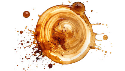 Abstract, isolated, coffee stain splash with swirling center and droplets