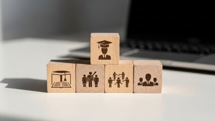 Educational blocks with icons of knowledge & group dynamics against laptop backdrop