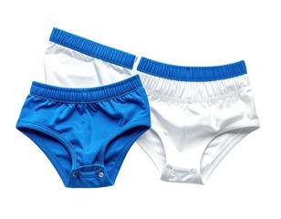 Three baby-sized, blue and white briefs on a soft, dark background