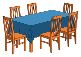 Wooden Chairs with Blue Tablecloth Dining Set.