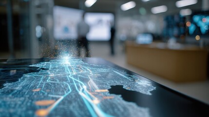 Detailed focus on a holographic interface projecting AIcalculated routes with distant blurred data analysts in the background emphasizing intelligent efficiency in travel planning.