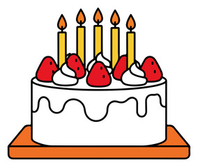 White Birthday Cake with Strawberries and Candles.