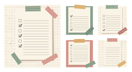 Collection of to-do lists and checklists on notepad paper, decorated with colorful washi tape and set against a grid background for a scrapbook aesthetic.