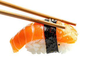 Close-up of sushi with salmon and seaweed held by wooden chopsticks