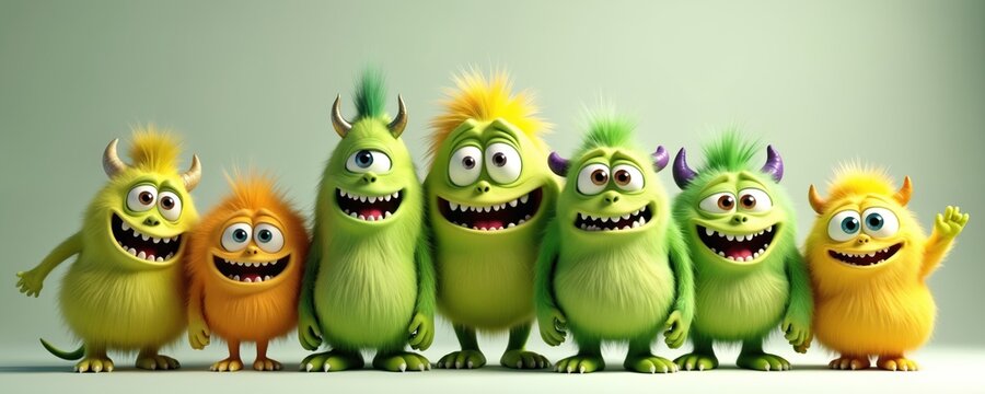 Group of cute furry monsters with big eyes and smiles stand together. Different colored cartoon creatures have horns and spiky hair. They look friendly and playful.