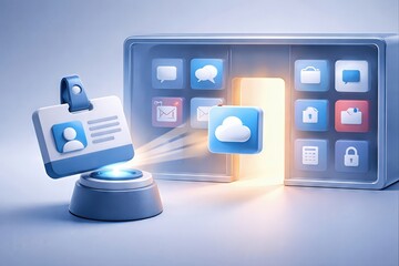 Digital identity management concept showcasing a user ID card transferring data into a cloud storage hub featuring vibrant iconography and cutting edge technology dynamics