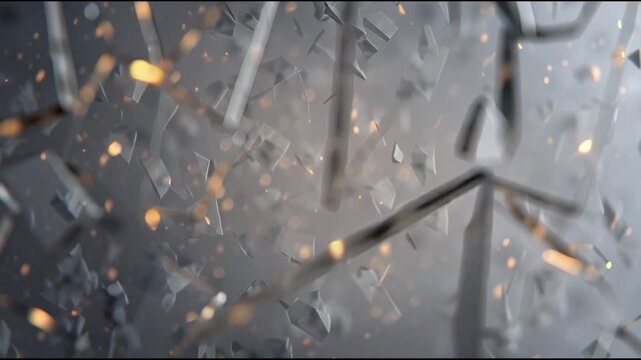 Destruction effect shown through abstract fragmentation and glowing pieces