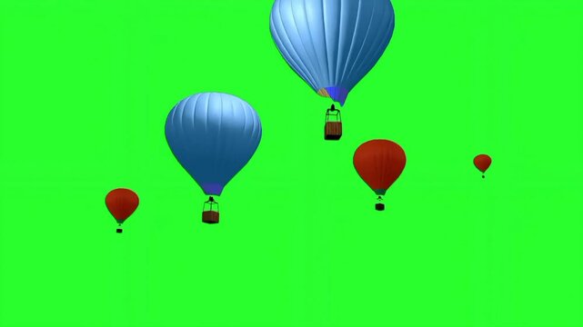 Colorful blue and red hot air balloons floating across a green screen. Keywords: hot, air, balloon, floating, flight, blue, red, green, screen, chroma, key, sky, aviation, travel, adventure, tourism, 