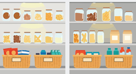 Well-organized kitchen pantry with food storage in glass jars and wicker baskets on brightly lit white shelves.