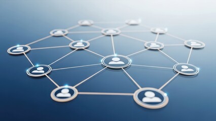 Network of connected, stylized human icons arranged in a digital grid pattern, with a blue gradient
