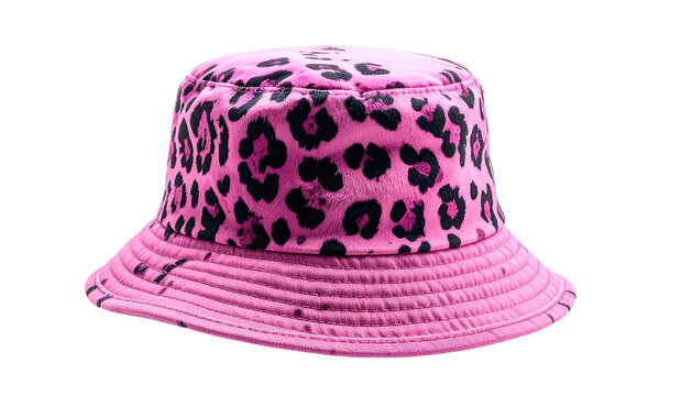 A vibrant, pink bucket hat adorned with black leopard spots
