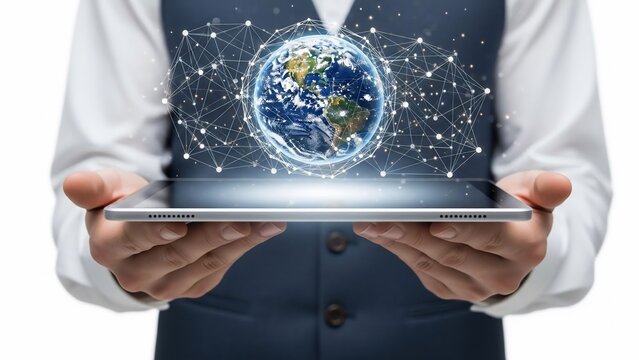 Businessman holding tablet with global network. - Powered by Adobe