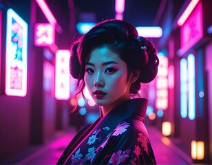 Woman in traditional Japanese kimono standing in a neon-lit alleyway at night.