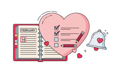 Valentine's Day Planning Illustration with February 14 Calendar, Heart Checklist, and Notification Bell Reminder