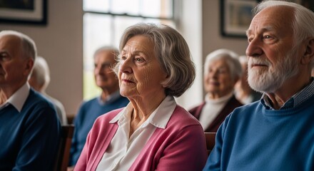 Senior adults attending a community meeting or educational seminar in a bright well-lit room focused on learning and social interaction for elderly people