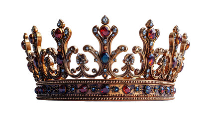 Ornate gold crown with jewels, isolated on black