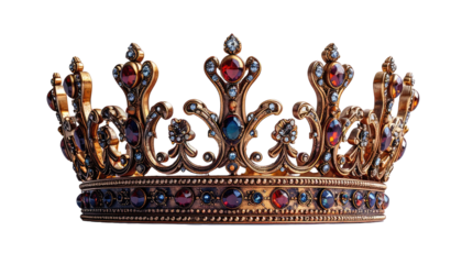 Ornate gold crown with jewels, isolated on black