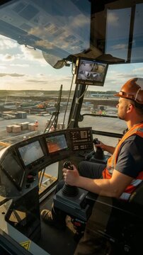 Construction crane operator with concentrated professional mood controlling heavy lifting equipment against active industrial site background with copy space