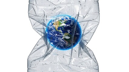 Planet Earth encased in a crushed plastic bottle, white background