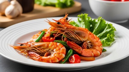 Plate of cooked shrimp with vegetables, presented on a white plate