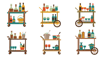 Assortment of stylish retro bar carts and serving trolleys stocked with various alcoholic beverages, glassware, and cocktail-making accessories for entertaining.