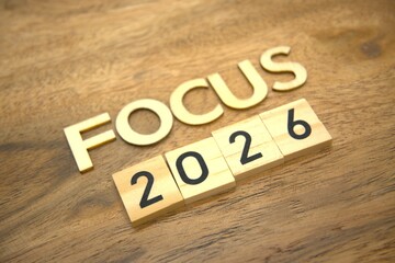 Focus 2026 message built from wooden letters on wood material background. Future planning, personal...