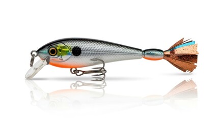 Realistic silver and orange lure with reflective eye and multi-colored tail, angled left