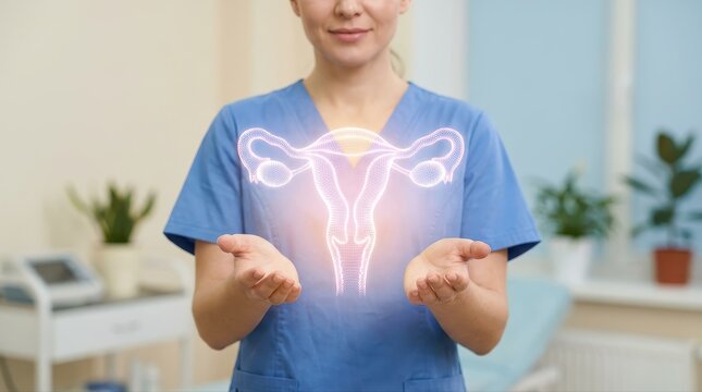 Gynecology Clinic: Doctor Presenting Uterus vagina Illustration with hands, fertility treatment, ovarian, cervix cancer, woman health concept
