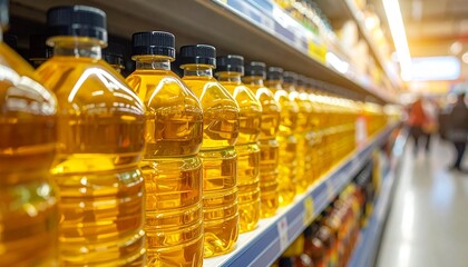 Supermarket Aisle with Rows of Golden Cooking Oil Bottles Creating Organized Retail Display