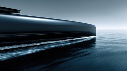 Medium shot of a sleek autonomous coastal freight vessel gliding smoothly near the shoreline main ship in sharp focus with blurred waves and horizon background.
