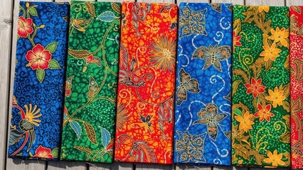 Row of colorful patterned fabric rolls with floral designs arranged neatly on wood