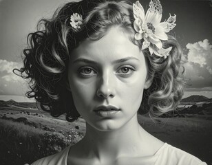 Surreal black and white portrait of a young woman with flowers in her hair.