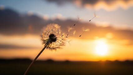 Close-up of dandelion seed head blowing in the wind during a golden sunset