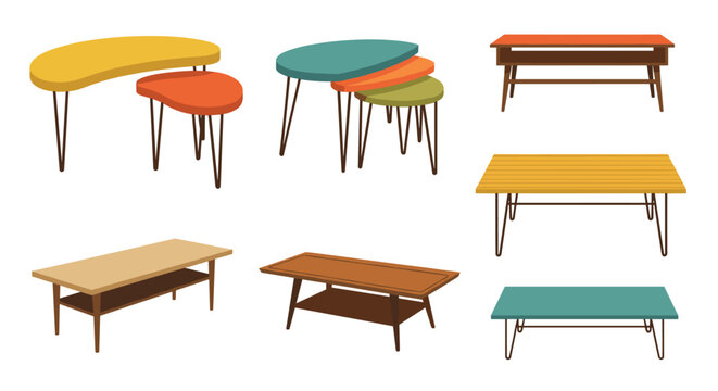 Set of mid-century modern coffee tables and nesting tables with hairpin legs and varied tabletop shapes, perfect for retro-style interior design projects.