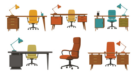 Diverse set of office or home workspace furniture in a retro, mid-century modern style, featuring different desks, chairs, and table lamps for interior design.