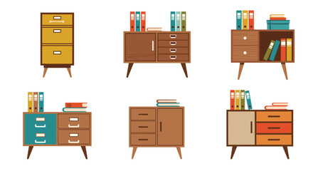Collection of retro office storage furniture, including mid-century modern filing cabinets and sideboards with drawers, folders, and books on a white background.