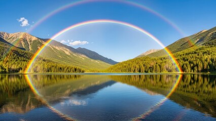 Scenic mountain lake with vibrant double rainbow arcing overhead, mirrored in the still water