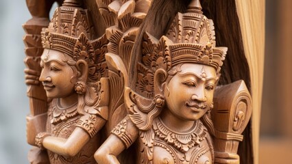 Close-up of carved wooden statues, showcasing intricate detail and cultural artistry