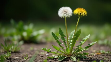 Close-up of dandelions in different bloom stages, showing a seed head and flower