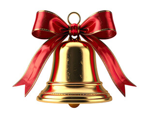 Shiny gold bell with red ribbon bow on a transparent background