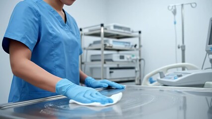 Healthcare worker in blue scrubs diligently cleans a hospital examination table with disinfectant wipes emphasizing hygiene and patient safety protocols within a modern medical facility