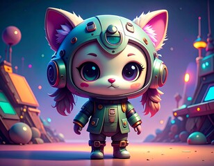Futuristic cartoon cat in astronaut helmet and spacesuit on a neon-lit alien planet.