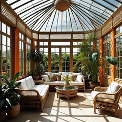 A beautifully designed conservatory featuring rattan furniture, lush tropical plants, and a glass ceiling allowing natural light to flood the space.