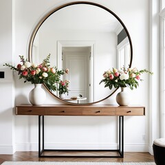 Stylish home entryway featuring a large round mirror, wooden console table, and decorative vases with vibrant floral arrangements.