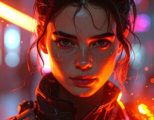 Futuristic woman with intense gaze in neon light.